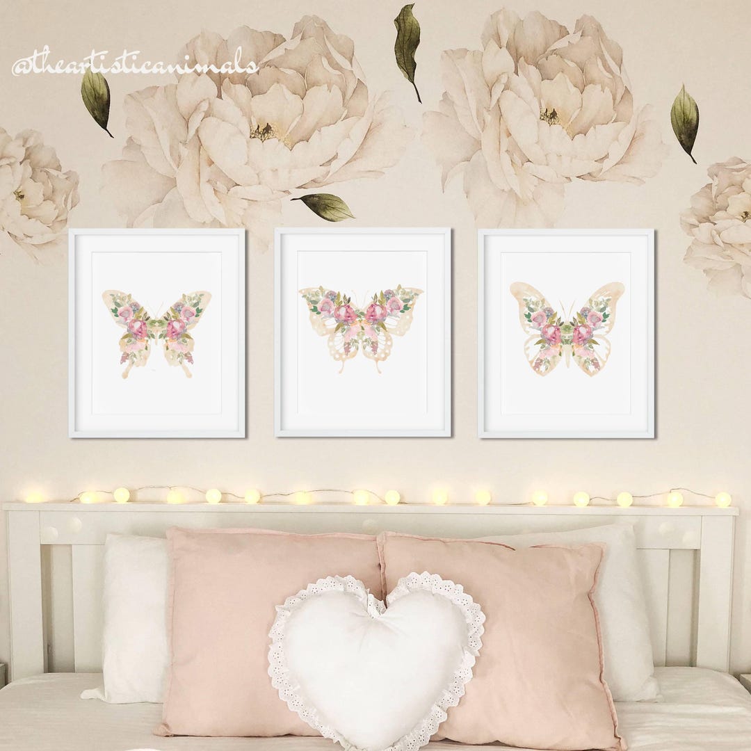 Blush Pink Butterfly Wall Art Print Set, Floral Nursery Decor, Digital ...