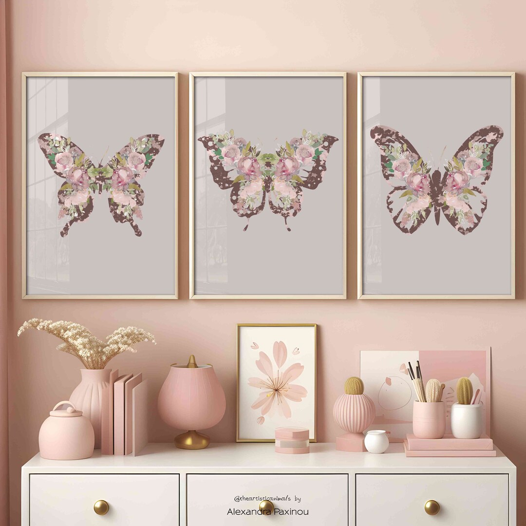 Plum Purple and Pink Wall Art, Butterfly Prints Set of 3, Floral ...