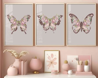 Plum purple and pink wall art, Butterfly prints set of 3, Floral nursery decor, Butterfly and flowers nursery wall decor, Digital download
