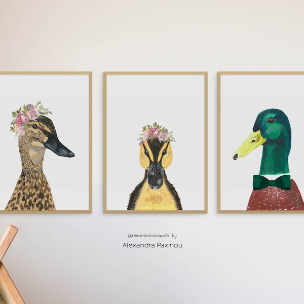 Stockente Enten Poster Set von 3, Entenjagd Kinderzimmer Dekor, Wand Kunst Drucke für Babyzimmer, Entenjagd Kinderzimmer Kunst, Gedruckt und versendet