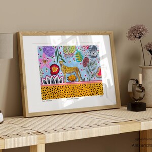 Cheetah art print of original painting, unframed, the picture shows how the print looks framed, size A3