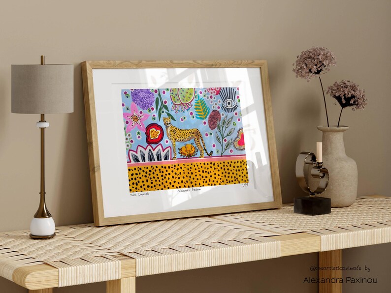 Cheetah art print of original painting, unframed, the picture shows how the print looks framed, size A3