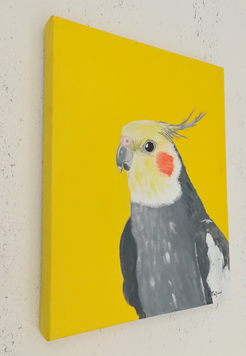 Cockatiel painting on canvas, Original acrylic artwork 16x20 inches, Tropical bird art, Yellow wall art image 4