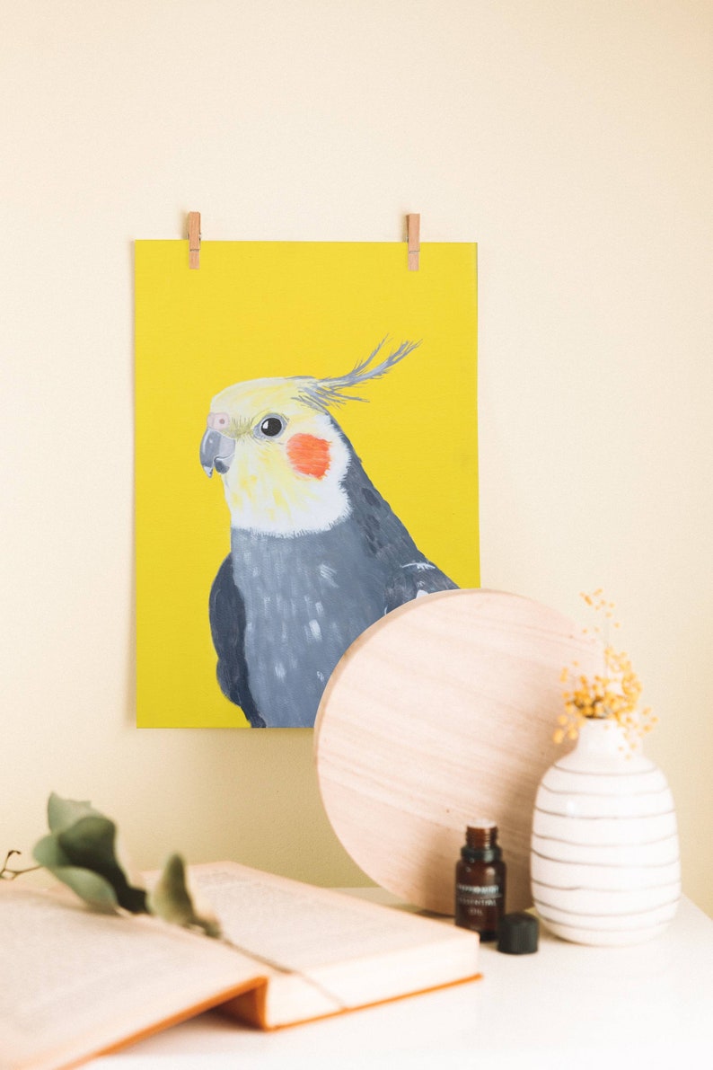 Yellow Cockatiel art print of original painting, Pet bird art, Animal lover gift, Bright colored Wall art decor, 8x10'', A4 image 4