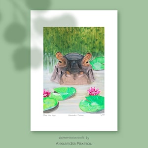 Stampa artistica di un ippopotamo di un dipinto originale, decorazione di animali da safari sudafricani, arte della fauna selvatica, poster da parete, arte di ippopotami, ispirata alla natura