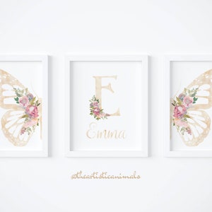 Butterfly print set of 3, Blush pink wall art, Floral nursery art, Baby name sign, Butterfly and flowers nursery decor, Digital download image 1
