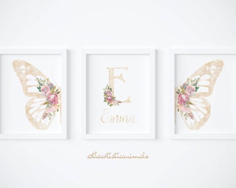 Butterfly print set of 3, Blush pink wall art, Floral nursery art, Baby name sign, Butterfly and flowers nursery decor, Digital download