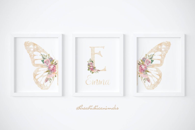 Butterfly print set of 3, Blush pink wall art, Floral nursery art, Baby name sign, Butterfly and flowers nursery decor, Digital download image 1