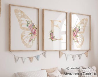 Butterfly print set of 3, Blush pink wall art, Floral nursery art, Baby name sign, Butterfly and flowers nursery decor, Printed and shipped