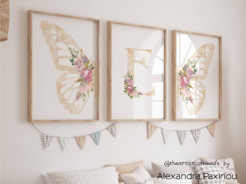 Butterfly Print Set of 3, Blush Pink Wall Art, Floral Nursery Art, Baby ...