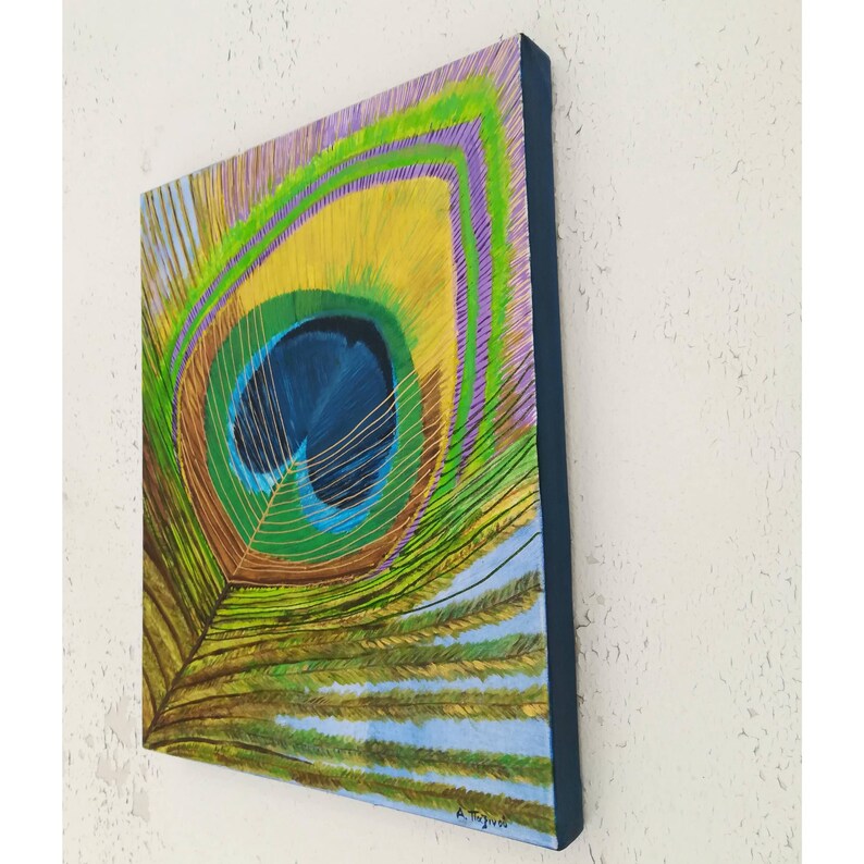 Green and blue peackock feather painting on stretched canvas, ready to be hang, size 16x20 inches (40x50 cm)