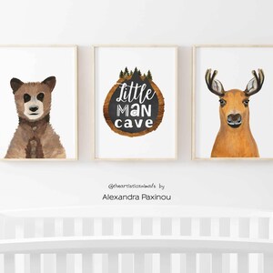 Set di 3 stampe da parete per bambini Little Man Cave, animali orso e alce per la cameretta dei bambini, decorazioni per la cameretta dei bambini in stile bosco, cartello per la cameretta dei bambini, stampato e spedito