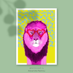 Rosa Löwe, Maximalist eklektisches Wandbild, Pink Gelb, Dopamin Dekor Kunstdruck, Adrettes Kinderzimmer Dekor, Löwe mit Brille, Gedruckt