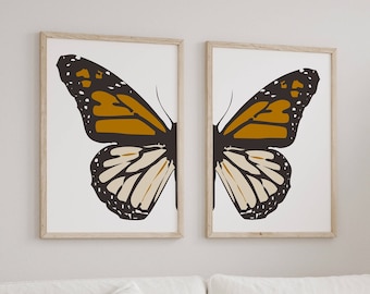 Monarch butterfly print set of 2, Butterfly printable wall art, Diprtych art, Monarch wings 2 piece wall art, Split butterfly downloadable