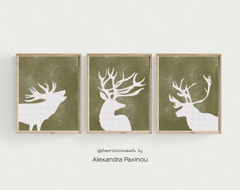 Deer Silhouette Print Set, Rustic Woodland Reindeer Wall Art, Digital Download
