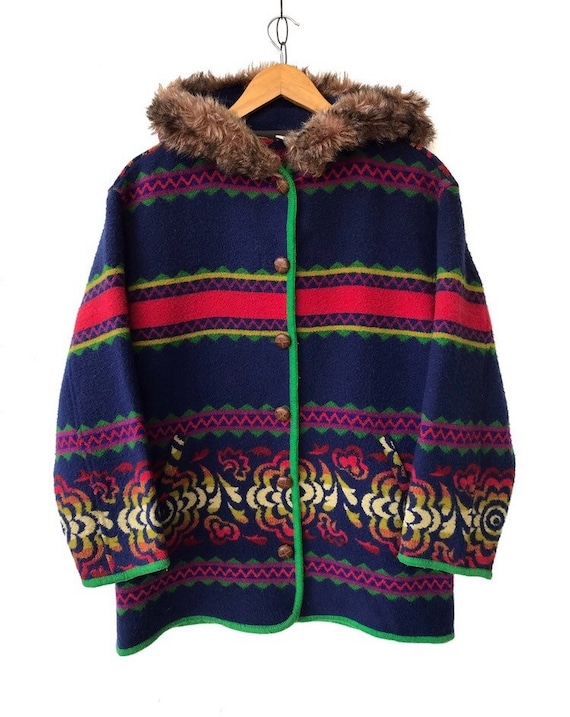 Italian Made BENETTON Aztec Tribal Wool Hooded Fur