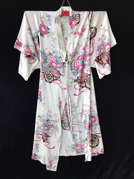 Kimono Long Robe White Floral Tropical Night Wear