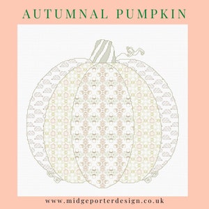 May include: A cross-stitch pattern of a pumpkin with a variety of autumnal patterns, including leaves, clouds, and smaller pumpkins. The text "AUTUMNAL PUMPKIN" is at the top of the image and "www.midgeporterdesign.co.uk" is at the bottom.