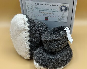 Baby Slip-on - Soft Shoe - Bootie - Natural Sustainable Traceable - 100% Pure Wool - Sheepskin sole - Cosy - Warm - Hand Crafted - 3 sizes