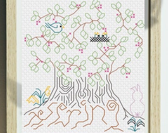 Spring Tree - Blackwork/ Back stitch Embroidery Design. Full Craft Kit. Free Beginner Stitching Instruction Guide.