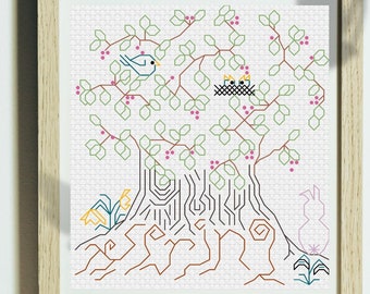 Spring Tree - Blackwork Embroidery Pattern - PDF Download Chart by Midge Porter Design -Includes Full Stitching Instruction Guide