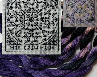 March Crow Moon - Blackwork Embroidery Design. Full Craft Kit. Two thread & Fabric options. Free Beginner Stitching Instruction Guide.