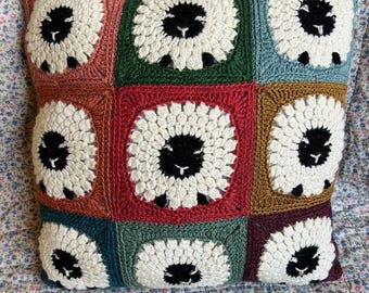 The 'Wee Sheepies' Crochet Cushion Kit - 100% Pure Scottish Wool (485g) - Wood Buttons - Crochet Hook - Charm - Lavender - Tutorial Pattern