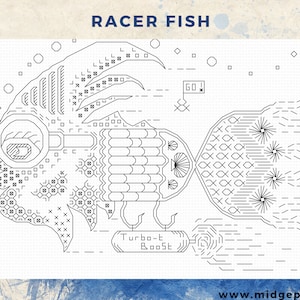 May include: A black and white line art illustration of a stylized fish with the text "RACER FISH" at the top and "Turbo-Boost" at the bottom. The fish has a large eye, a fin, and a tail that resembles a jet engine.