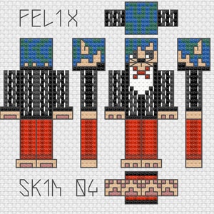 May include: A pixel art character design for a video game. The character is wearing a black suit with white stripes, red pants, and a blue and green head. The text "FELIX" and "SKIN 04" are visible in the image.