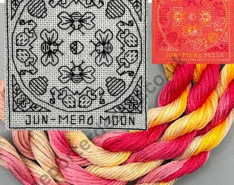 June Mead Moon - Counted Stitch chart. Blackwork Embroidery.  PDF Download. Includes FREE Beginner Stitching Instruction Guide.