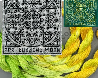 April Budding Moon - Counted Stitch chart. Blackwork Embroidery.  PDF Download. Includes FREE Beginner Stitching Instruction Guide.