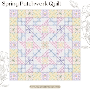 Pode incluir: Um design de colcha de retalhos colorido com um padrão geométrico em tons de amarelo, rosa, azul e verde. A colcha é feita de quadrados e triângulos, e o design é repetido em toda a colcha. A colcha é cercada por uma borda branca.