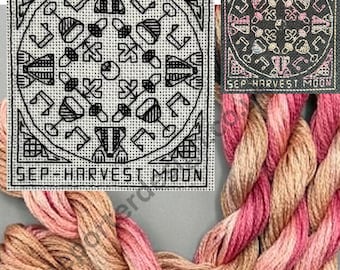 September Harvest Moon - Counted Stitch chart. Blackwork Embroidery.  PDF Download. Includes FREE Beginner Stitching Instruction Guide.