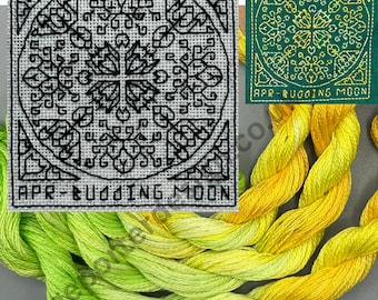 April Budding Moon - Blackwork Embroidery Design. Full Craft Kit. Two thread & Fabric options. Free Beginner Stitching Instruction Guide.