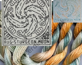 August Sturgeon Moon - Counted Stitch chart. Blackwork Embroidery.  PDF Download. Includes FREE Beginner Stitching Instruction Guide.