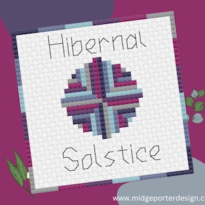 May include: Cross-stitch pattern design for a winter solstice greeting card. The design features a circle of colourful stripes in shades of purple, blue, and grey, with the words "Hibernal Solstice" above and below the circle.