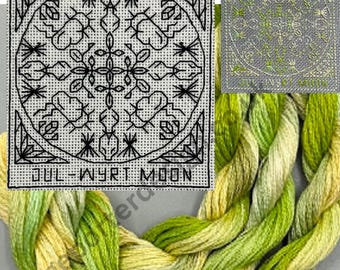 July Wyrt Moon - Blackwork Embroidery Design. Full Craft Kit. Two thread & Fabric options. Free Beginner Stitching Instruction Guide.