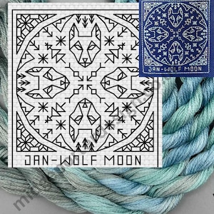 Gráfico de bordado Blackwork de la Luna del Lobo de enero: Bosque invernal pagano (Descarga PDF)