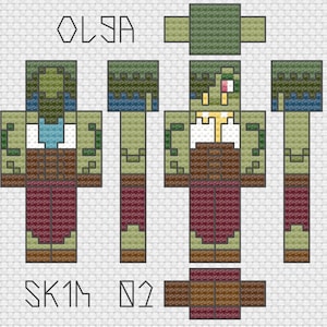 Könnte beinhalten: Ein Minecraft-Skin-Design mit einer grünen Zombie-Figur mit braunem Gürtel, weißem Hemd und roten Hosen. Der Skin ist mit "OLSA" und "SK1M 02" beschriftet.