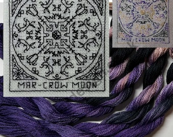 March Crow Moon - Counted Stitch chart. Blackwork Embroidery.  PDF Download. Includes FREE Beginner Stitching Instruction Guide.