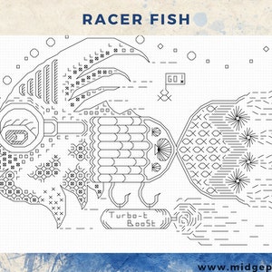 May include: A black and white line art illustration of a stylized fish with the text "RACER FISH" at the top and "Turbo-Boost" at the bottom. The fish has a large eye, a fin, and a tail that resembles a jet engine.
