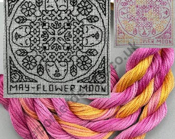 May Flower Moon - Blackwork Embroidery Design. Full Craft Kit. Two thread & Fabric options. Free Beginner Stitching Instruction Guide.