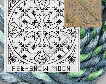 February Snow Moon - Blackwork Embroidery Design. Full Craft Kit. Two thread & Fabric options. Free Beginner Stitching Instruction Guide.