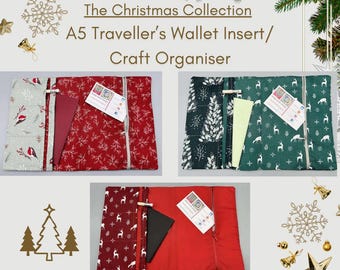 Christmas Fabric A5 Craft Organiser – Traveler's Notebook Insert, Card Holder (Pencil & Notebook Included)