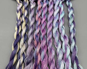 The 'Light Fantastic' Hand Dyed Variegated Embroidery Floss: 6 Stranded Thread 100% Cotton, Blackwork, Cross stitch. Set 2 of 4