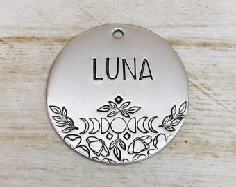 Floral Moon phases - Pet ID tag - Dog tag for dogs - Pet Name Tag - Hand Stamped - Personalized - Dog Collar - Custom - Dog Tag -