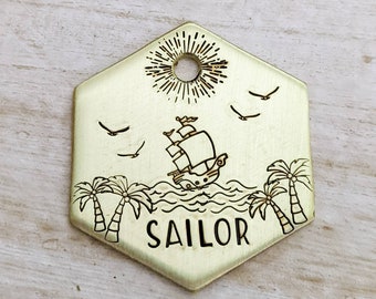 Pirate Paradise - Pet ID tag - Dog tag for dogs - Pet Name Tag - Hand Stamped - Personalized - Custom - Dog Tag - Palm Trees - Ship
