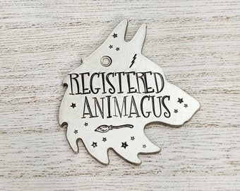 Registered Animagus Wolf head - Pet ID tag - Dog tag for dogs - Pet Name Tag - Hand Stamped - Personalized - Dog Collar - Custom - Dog Tag -