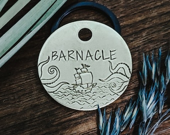 Pet ID tag - Sea Creature -  Dog tag for dogs - Pet Name Tag - Hand Stamped - Personalized - Custom - Dog Tag - Octopus - Ship - Ocean