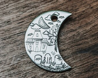 Haunted Moon - Pet ID tag - Dog tag for dogs - Pet Name Tag - Hand Stamped - Personalized - Dog Collar - Custom - Dog Tag -